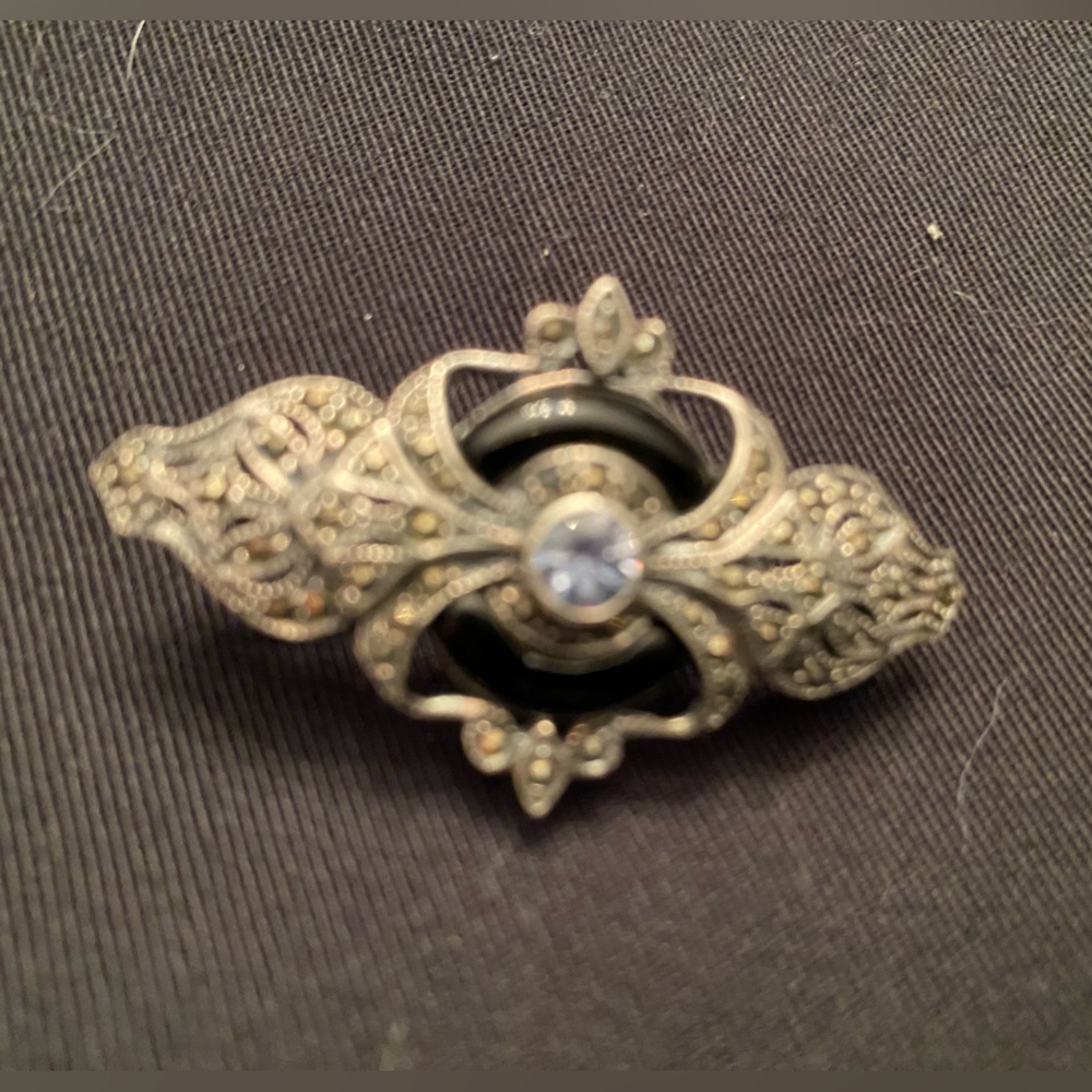 Silver-Tone Marcasite & Black Onyx Pin w/Blue Topaz Center Stone
